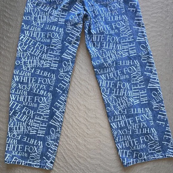 WHITE FOX BOUTIQUE ALL OVER SPELLOUT PRINT BAGGY JEANS HIGH WAIST WIDE LEG - L